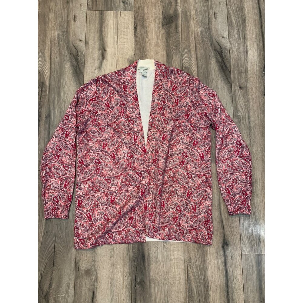 L.L. Bean Woman’s M Reg Open Cardigan Suprima Cotton Pink Cream Paisley Cardigan